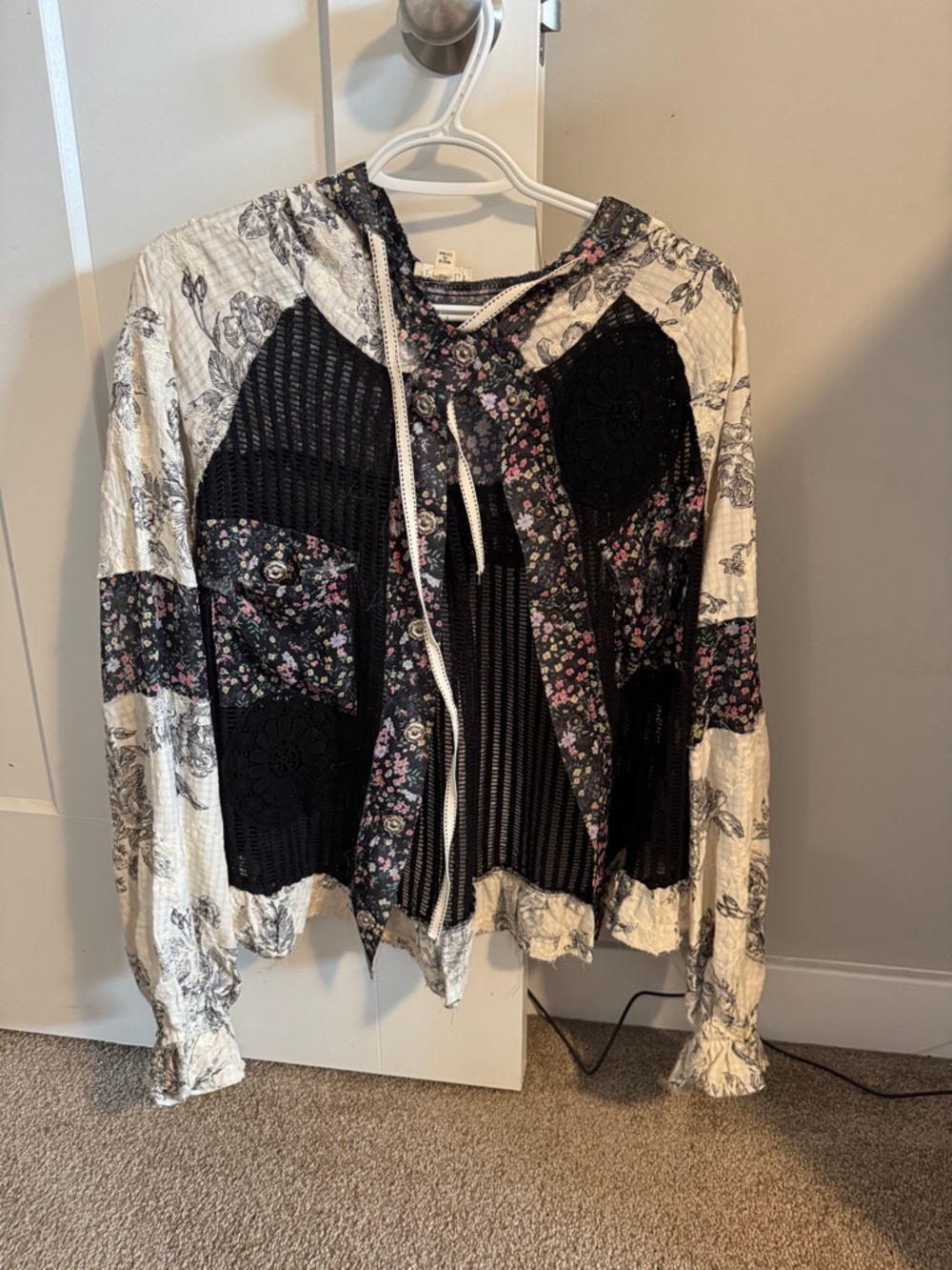 POL Patchwork Hooded  button up Jacket in Black, White, Pink Floral